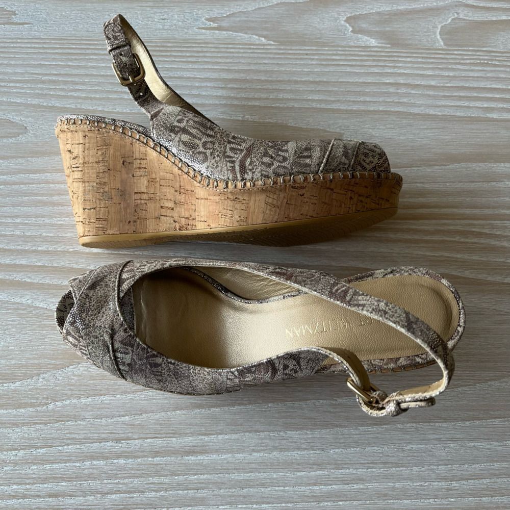 Stuart Weitzman sandal Jean slingback peep toe cork wedge size 9 NWOT